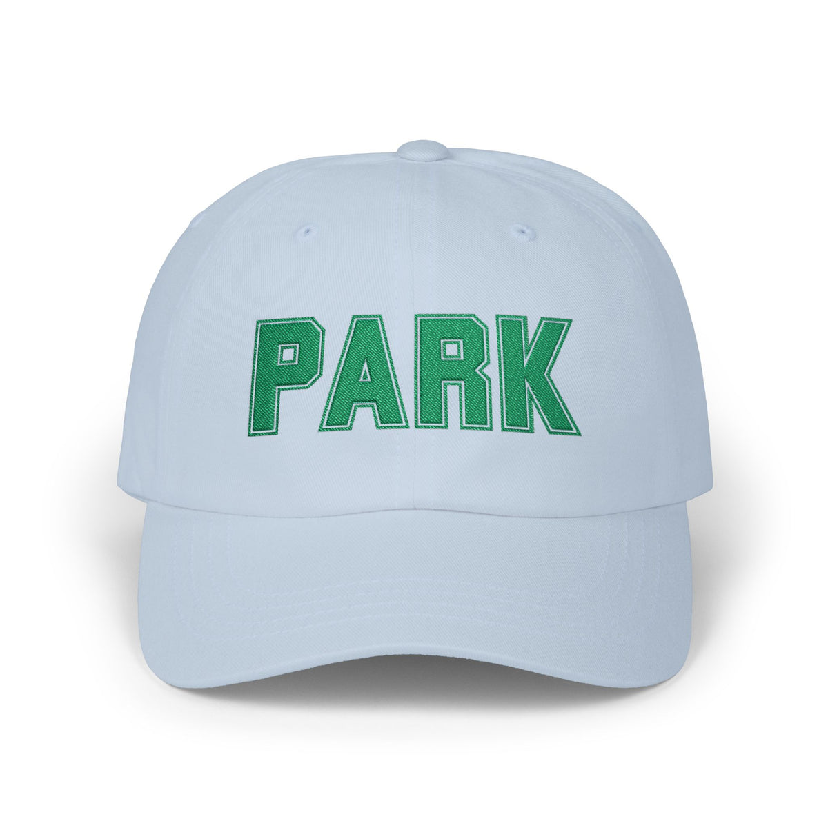 Park Embroidered Cap — Vintage Green Lettering Baseball Hat