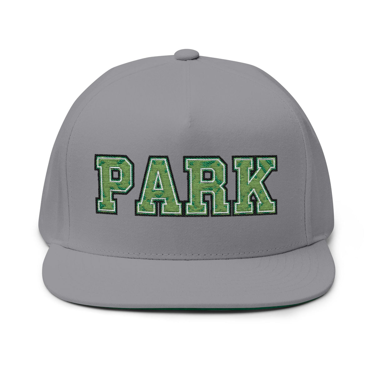 Grey Park Cottage Grove embroidered flat bill cap with green embroidered lettering.