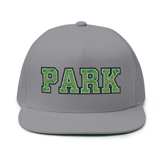 Grey Park Cottage Grove embroidered flat bill cap with green embroidered lettering.