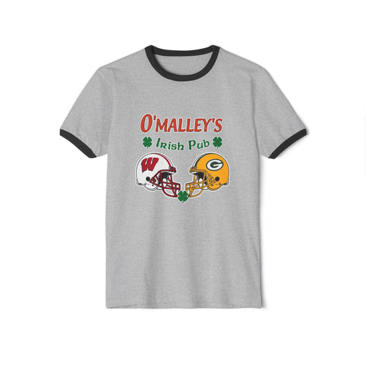 Vintage O'Malley's Irish Pub football rivalry tee featuring opposing helmets on a heather grey shirt.