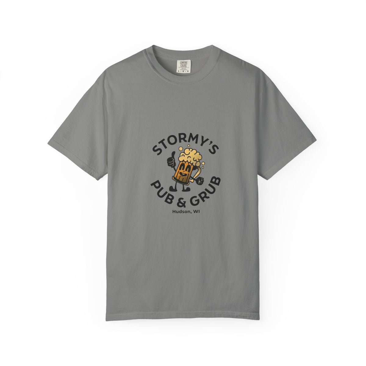Pub and grub beer logo t-shirt in granite color featuring cheerful beer character graphic.
