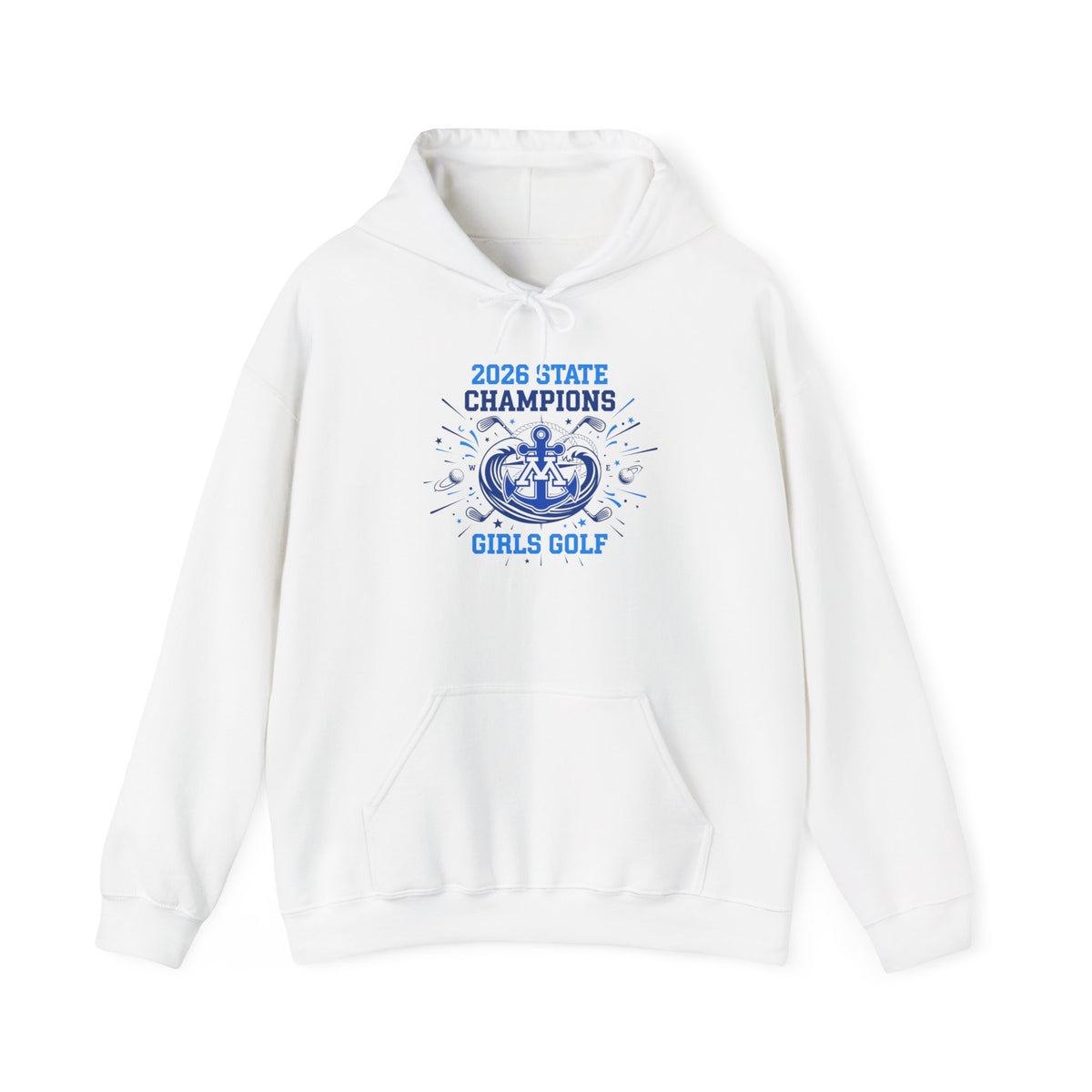 Minnetonka Skippers Girls Golf 2026 State Champions Hoodie featuring a graphic design celebrating victory.