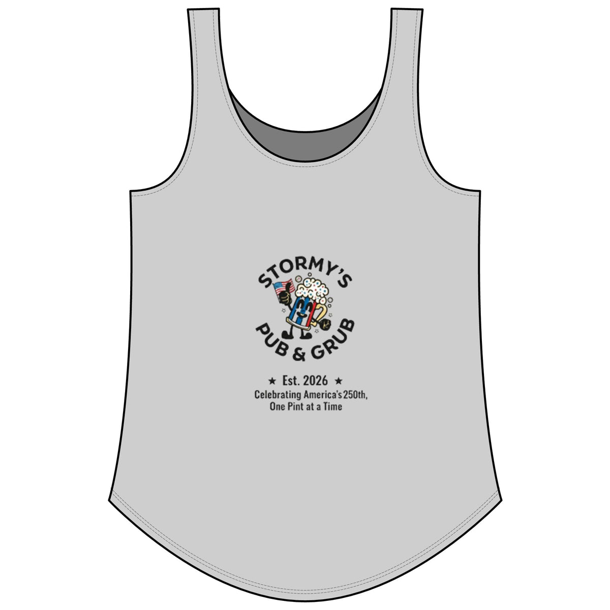 Women's patriotic tank top with a fun pub design featuring Stormy's Pub & Grub and beer graphics.