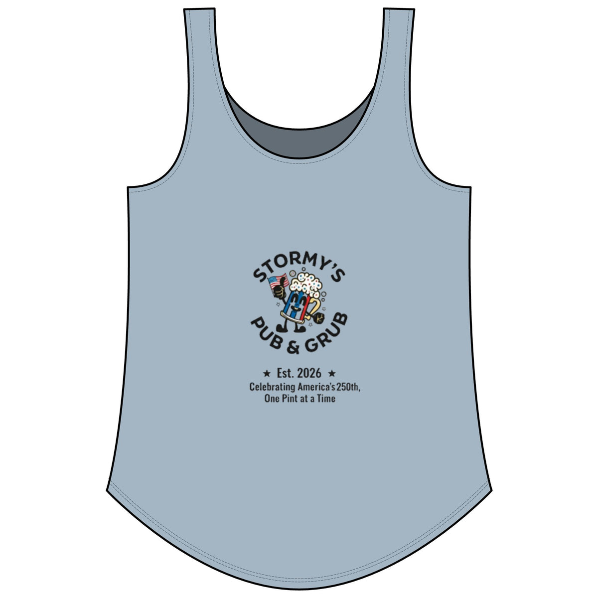 Women's patriotic tank top in stonewash denim with Stormy's Pub graphic for summer fun.
