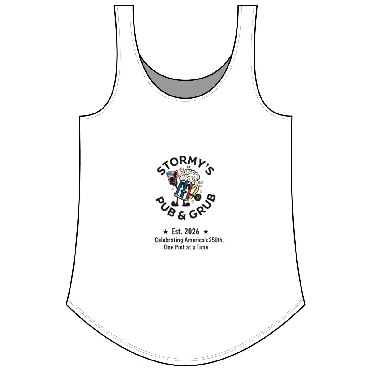 Women's patriotic tank top featuring Stormy's Pub & Grub logo, perfect for summer festivals and backyard fun.