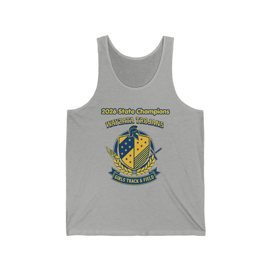 Wayzata Trojans Girls Track Champions Tank Top featuring 2026 State Champions design on a gray jersey tank.