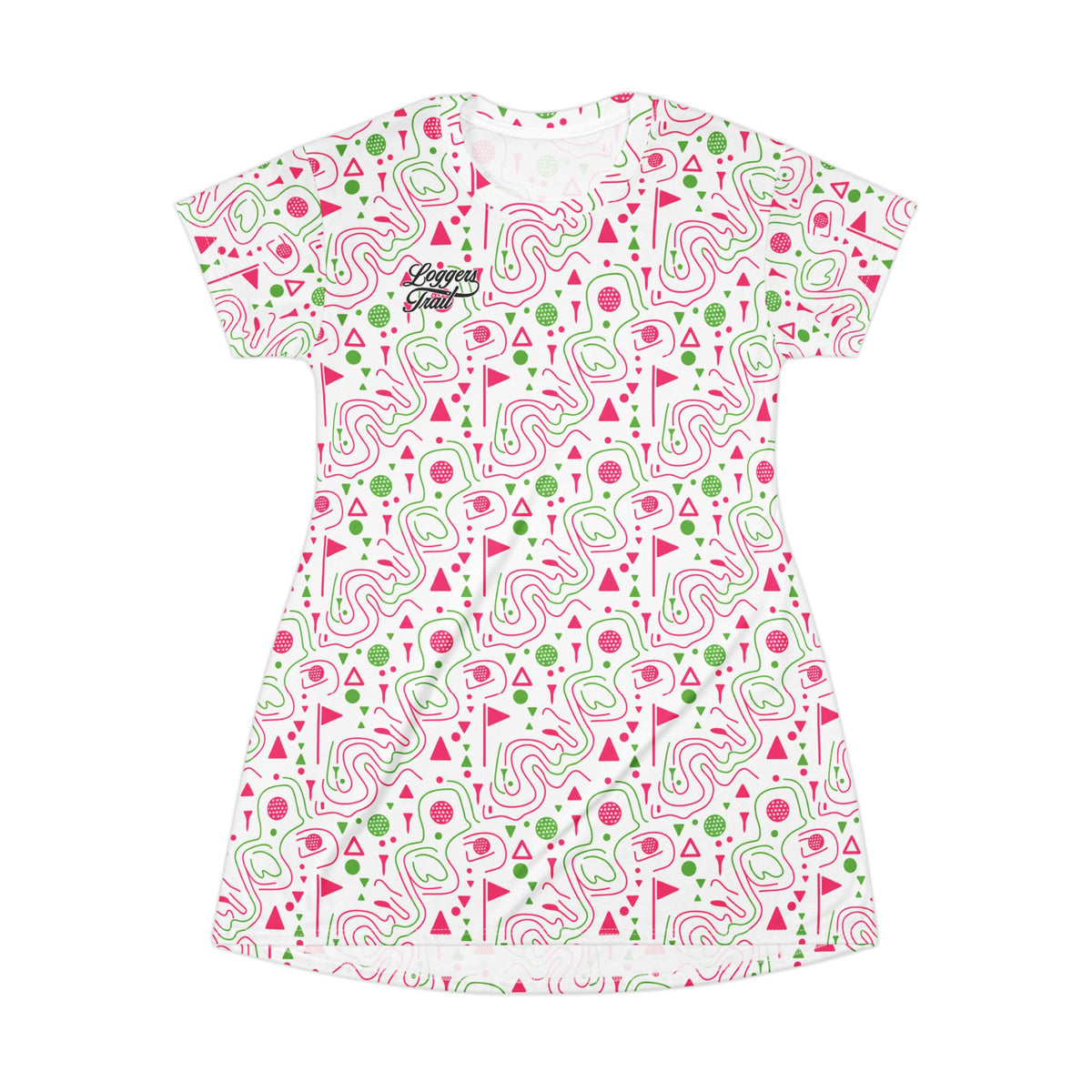 Logger's Trail Golf T-Shirt Dress in pink and green, a fun golf t-shirt dress for summer featuring a playful print.