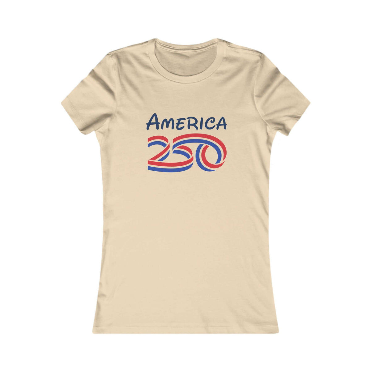 Women's Patriotic Anniversary T-Shirt featuring a vintage-inspired America 250 graphic on a light tan fabric.
