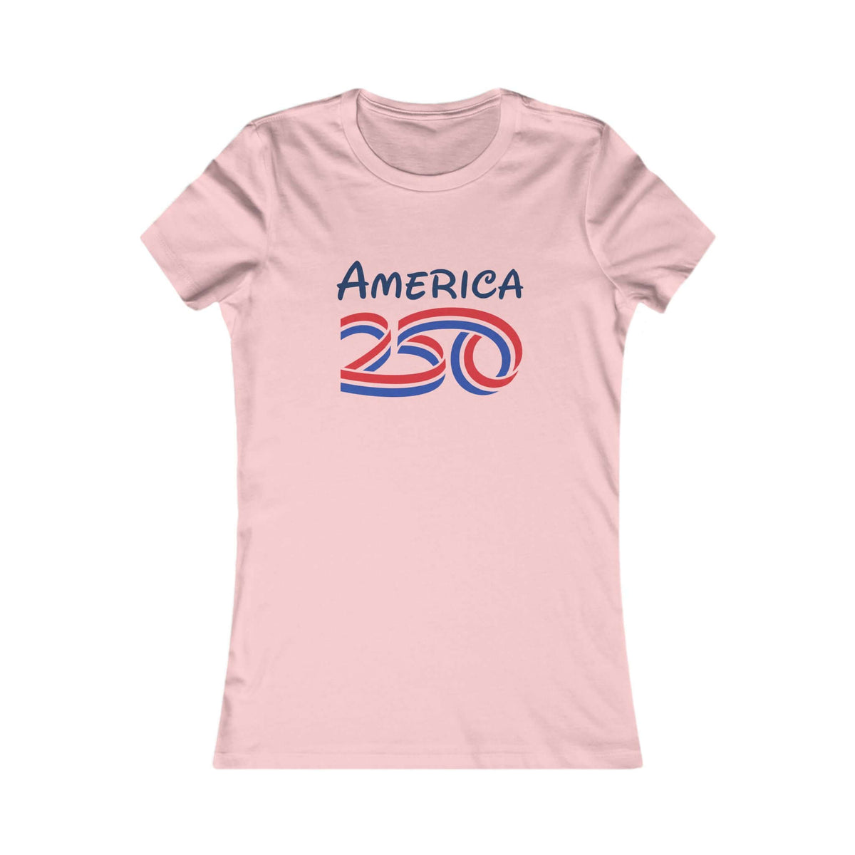 Women's Patriotic Anniversary T-Shirt featuring a pink tee with America 250 graphic design.