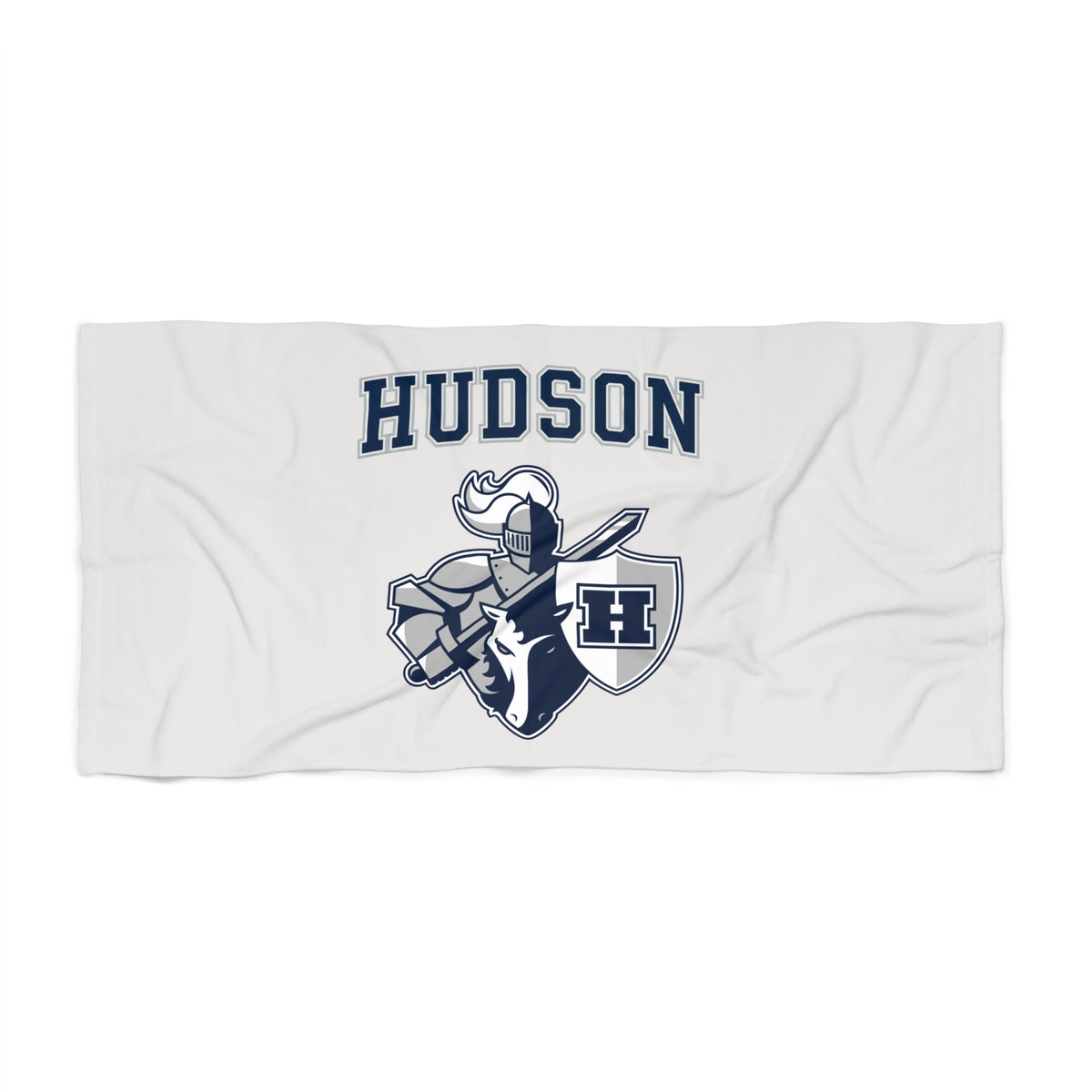 Hudson Raiders varsity beach towel with knight emblem and team name, 30x60 inch, perfect for beach days.