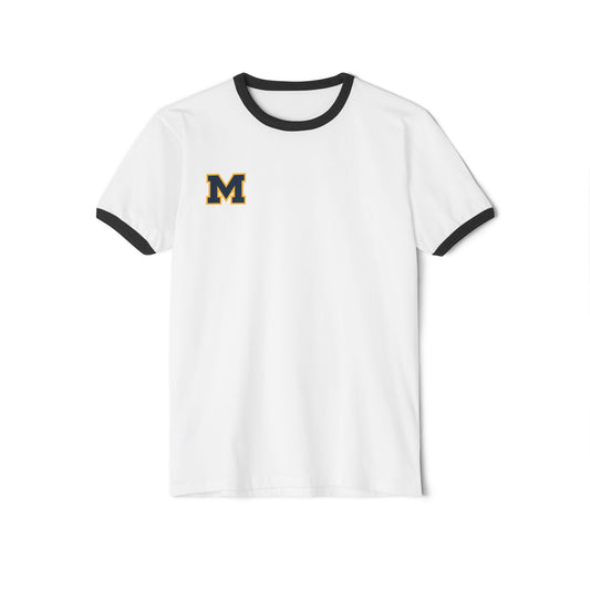 Vintage collegiate ringer tee in white with black collar and sleeves featuring a small emblem.