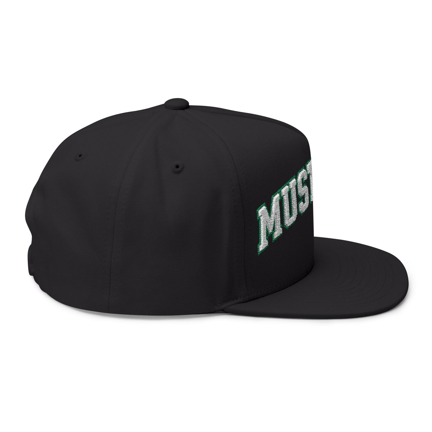 Mounds View Mustangs Embroidered White Text Flat Bill Cap — School Spirit Snapback