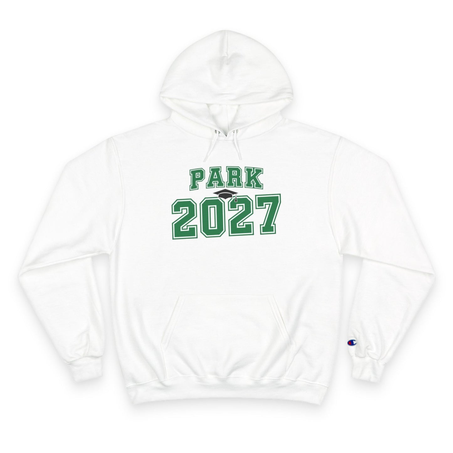 unisex class of 2027 hoodie featuring PARK 2027 graphic on a white Champion hoodie for comfortable style.