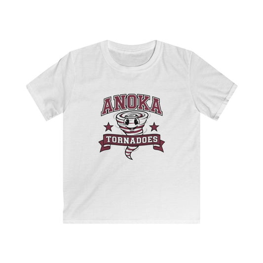 Anoka Tornadoes kids t-shirt in white featuring a playful tornado graphic and bold lettering, perfect for little adventurers!