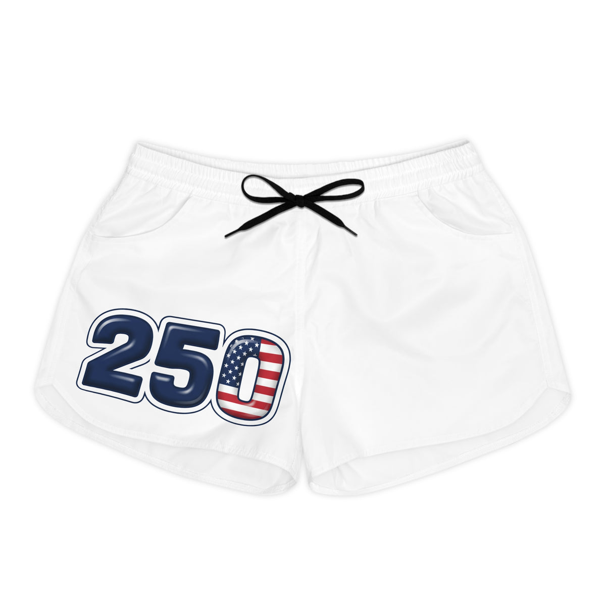 Patriotic 250 USA Anniversary Women's Casual Shorts featuring an American flag design and adjustable drawstring.
