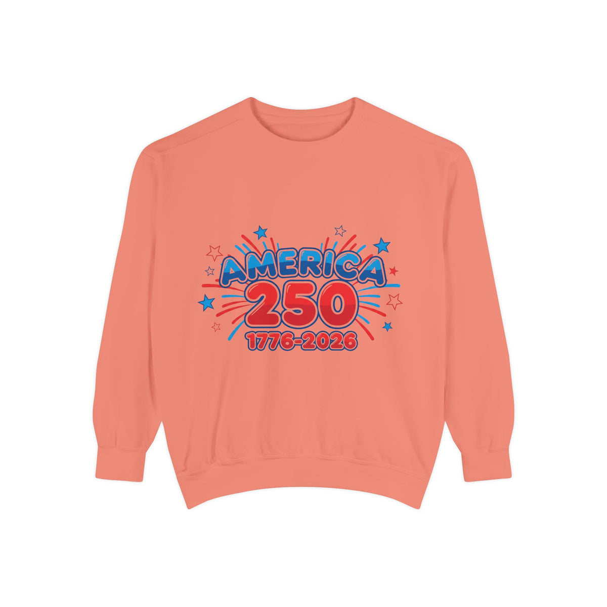 250th anniversary sweatshirt in coral featuring America 250 design, celebrating 1776–2026.