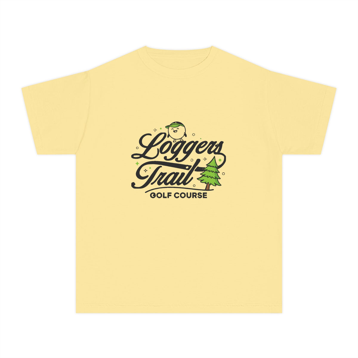 Loggers Trail Golf Course Youth Tee — Kids Golf Shirt with Pine Tree & Golf Ball Design