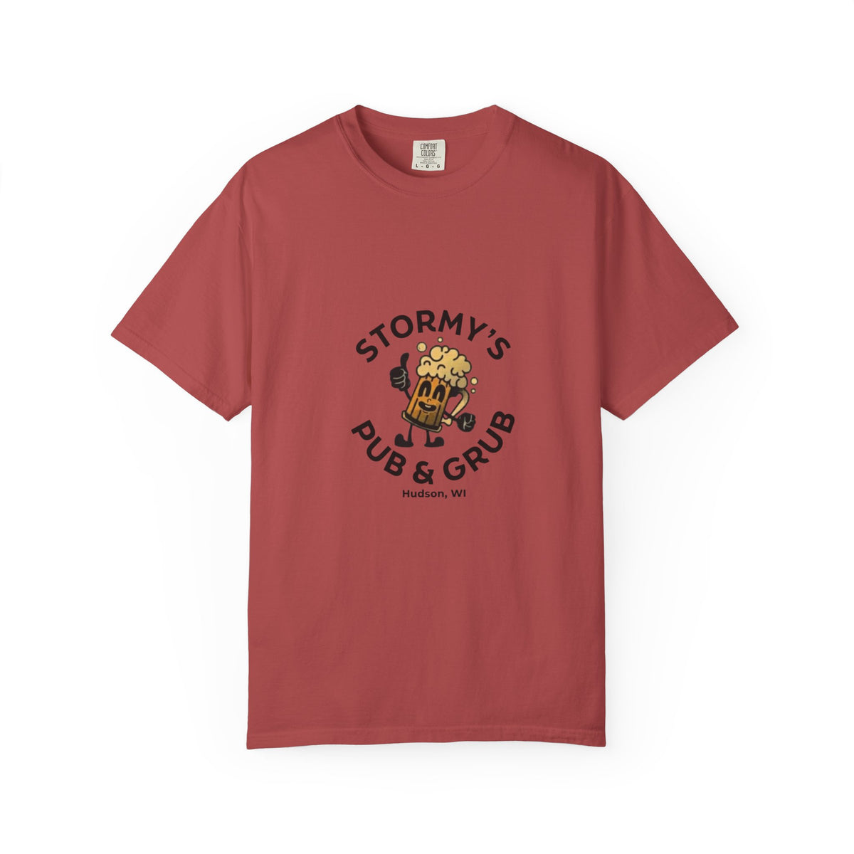 pub and grub beer logo t-shirt in red featuring a cheerful beer character and Stormy's Pub & Grub text.