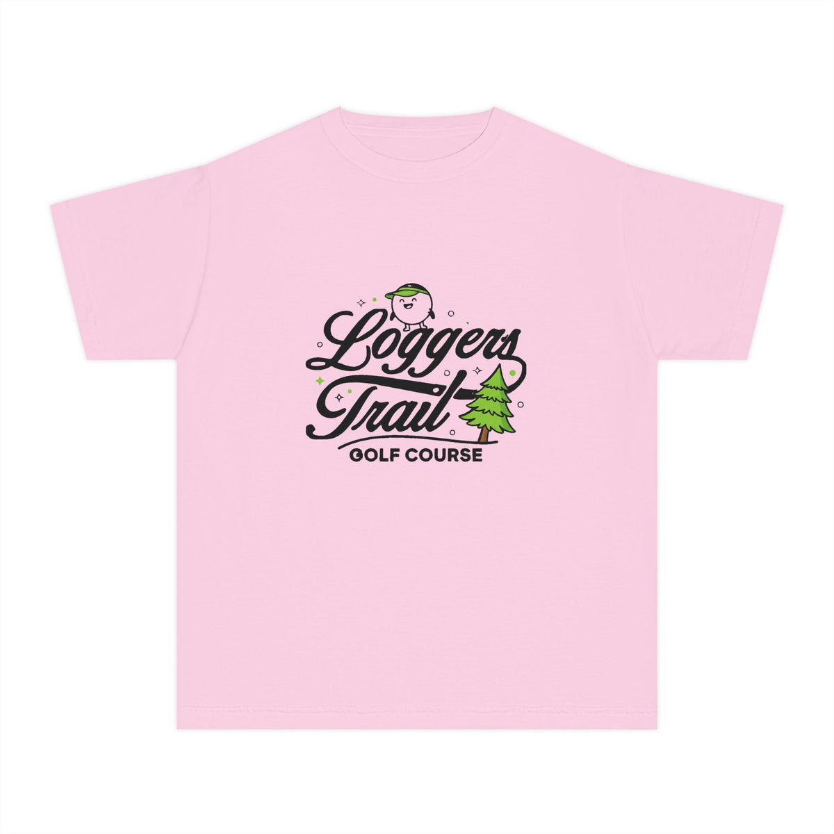 Loggers Trail Golf Course Youth Tee — Kids Golf Shirt with Pine Tree & Golf Ball Design
