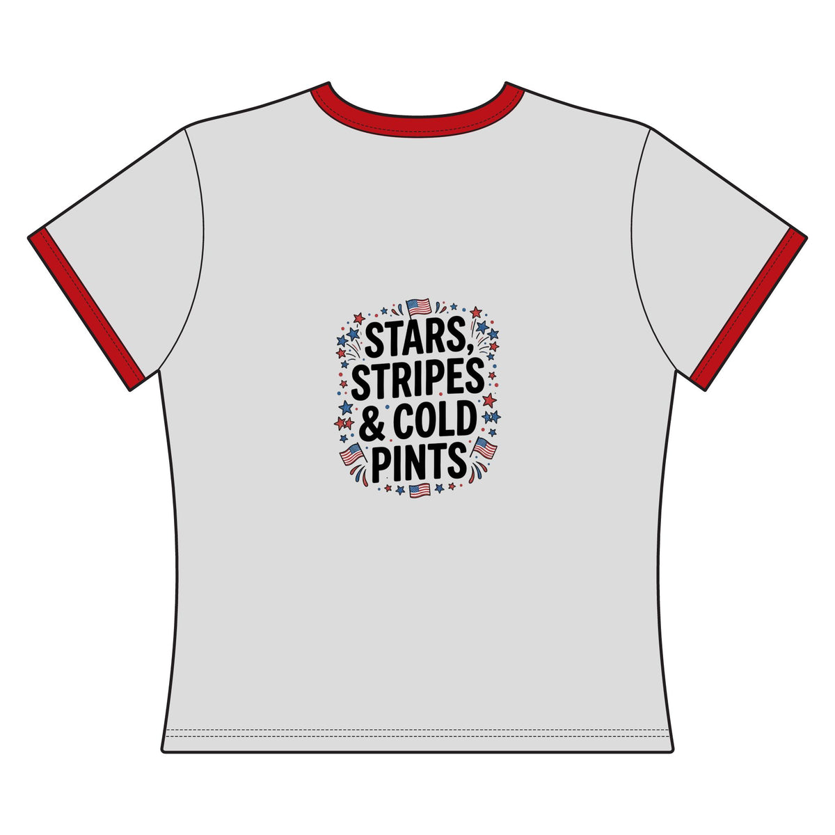 Women's crop tee featuring the slogan "Stars, Stripes & Cold Pints" in a patriotic design.
