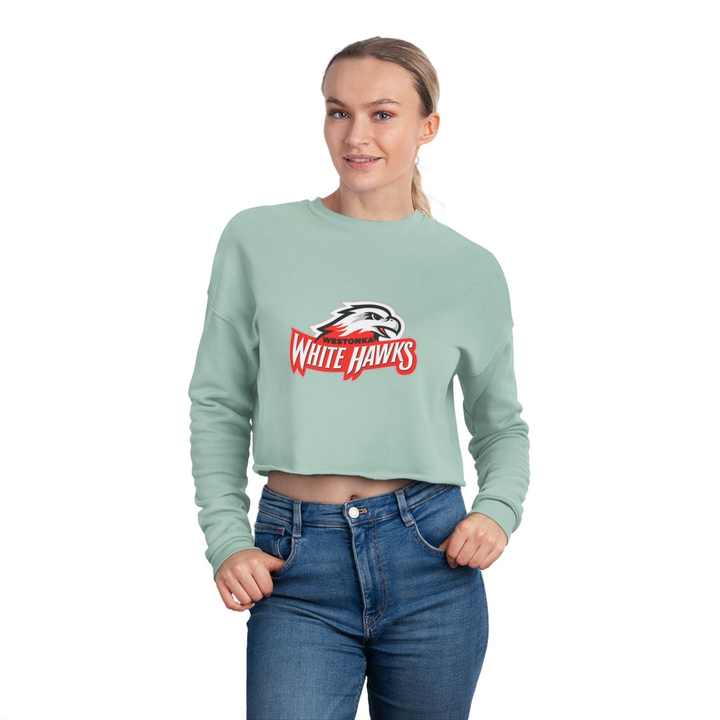 Mound Westonka White Hawks Trendy Women's Cropped Sweatshirt with Unique Graphic Design