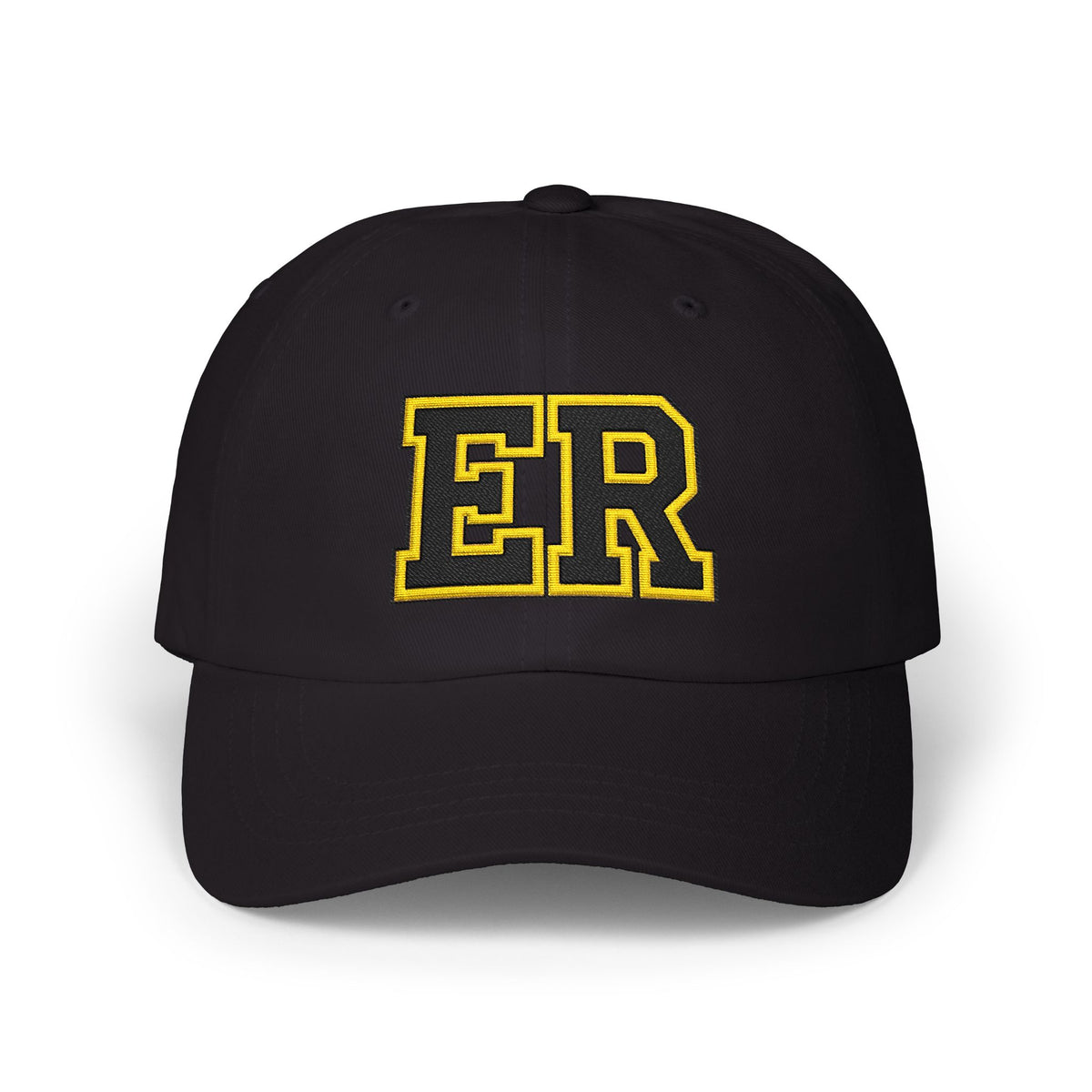 East Ridge ER baseball cap in black with yellow lettering, perfect for sports or outdoor activities.