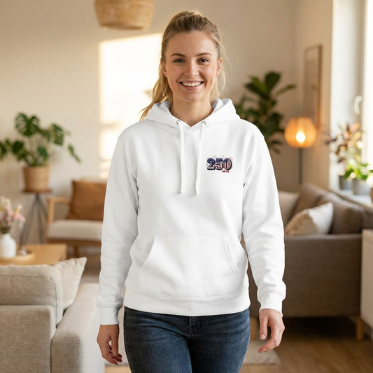 250th anniversary hoodie featuring a small right-chest logo, perfect for style and comfort.