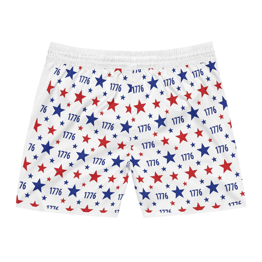 American flag swim shorts with red and blue stars, celebrating America's spirit and 250th anniversary.