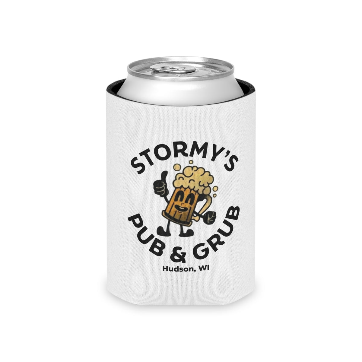 insulated can cooler with pub logo featuring Stormy’s Pub & Grub mascot holding a beer, perfect for keeping drinks cold.
