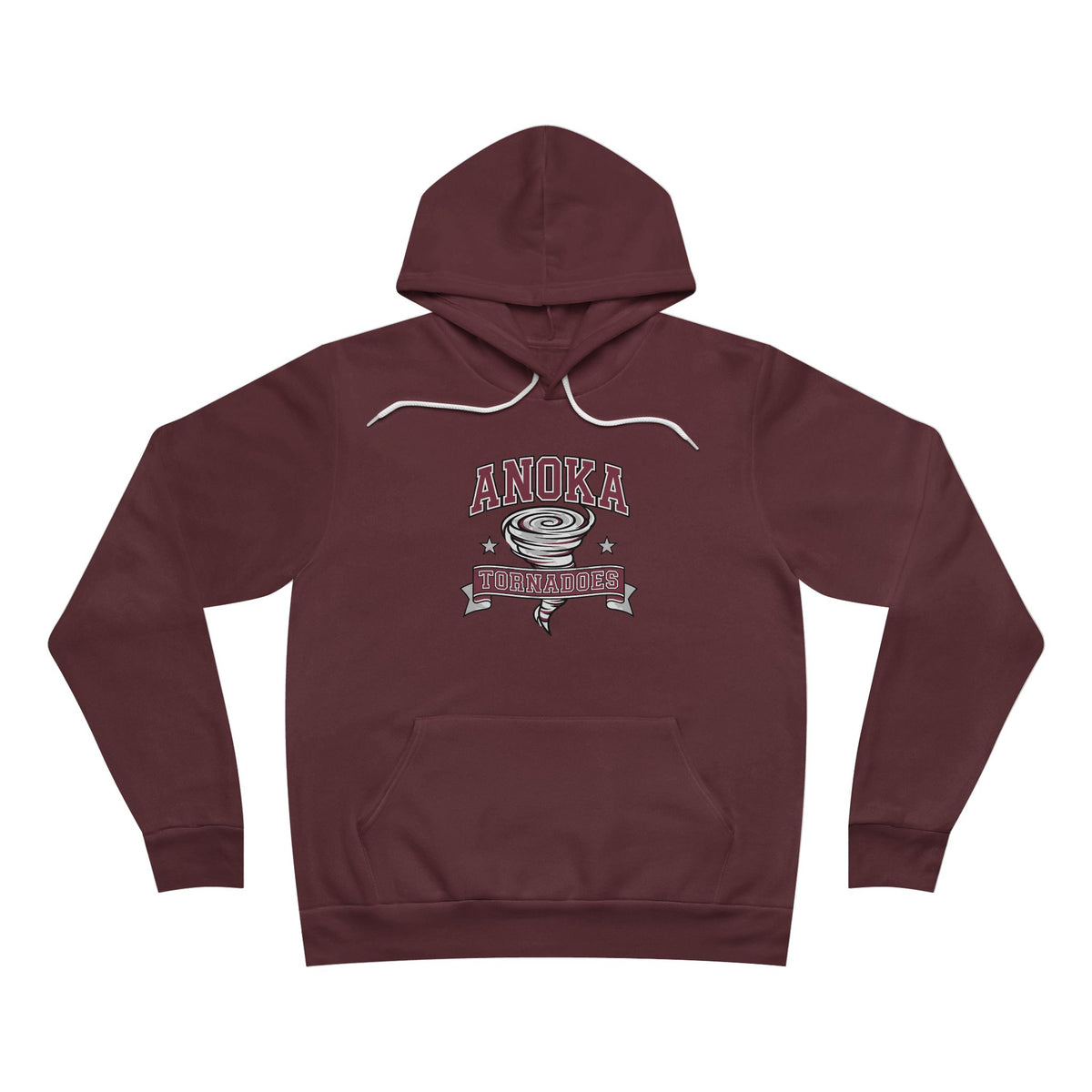 Anoka Tornadoes hoodie in maroon featuring a cozy retro logo pullover with kangaroo pocket and drawstring hood.
