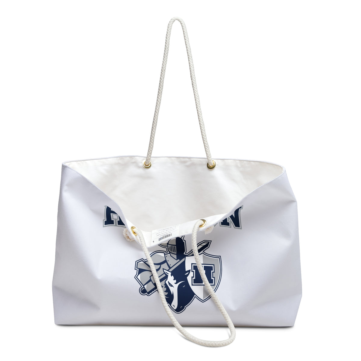 Hudson Raiders oversized canvas travel tote with cream rope handles and collegiate crest design.