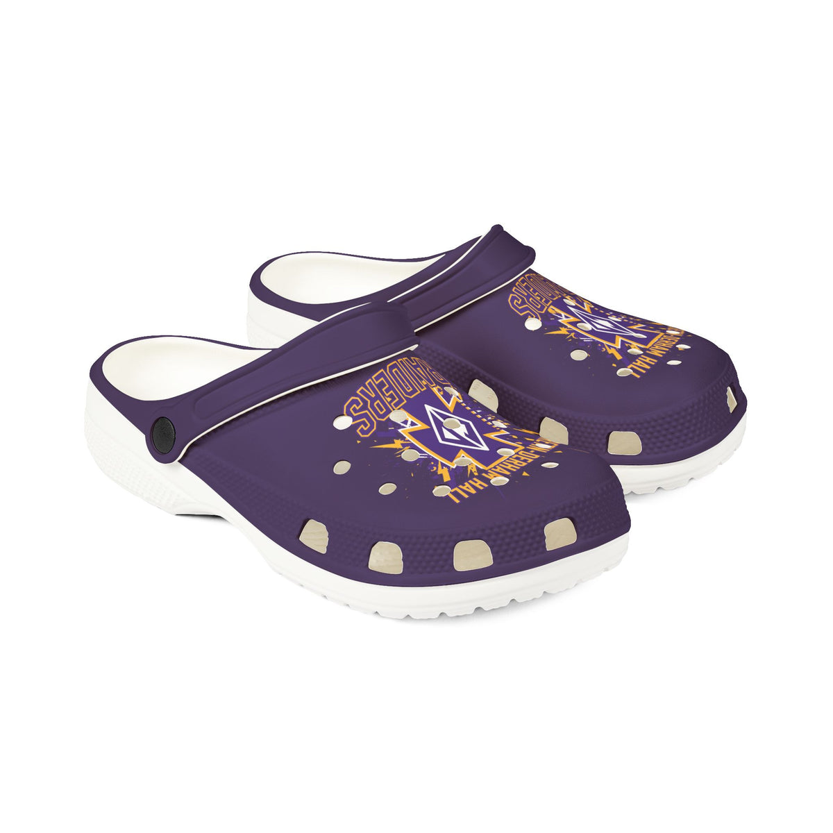 Personalized foam rubber clogs featuring a vibrant purple design and comfortable EVA foam construction.