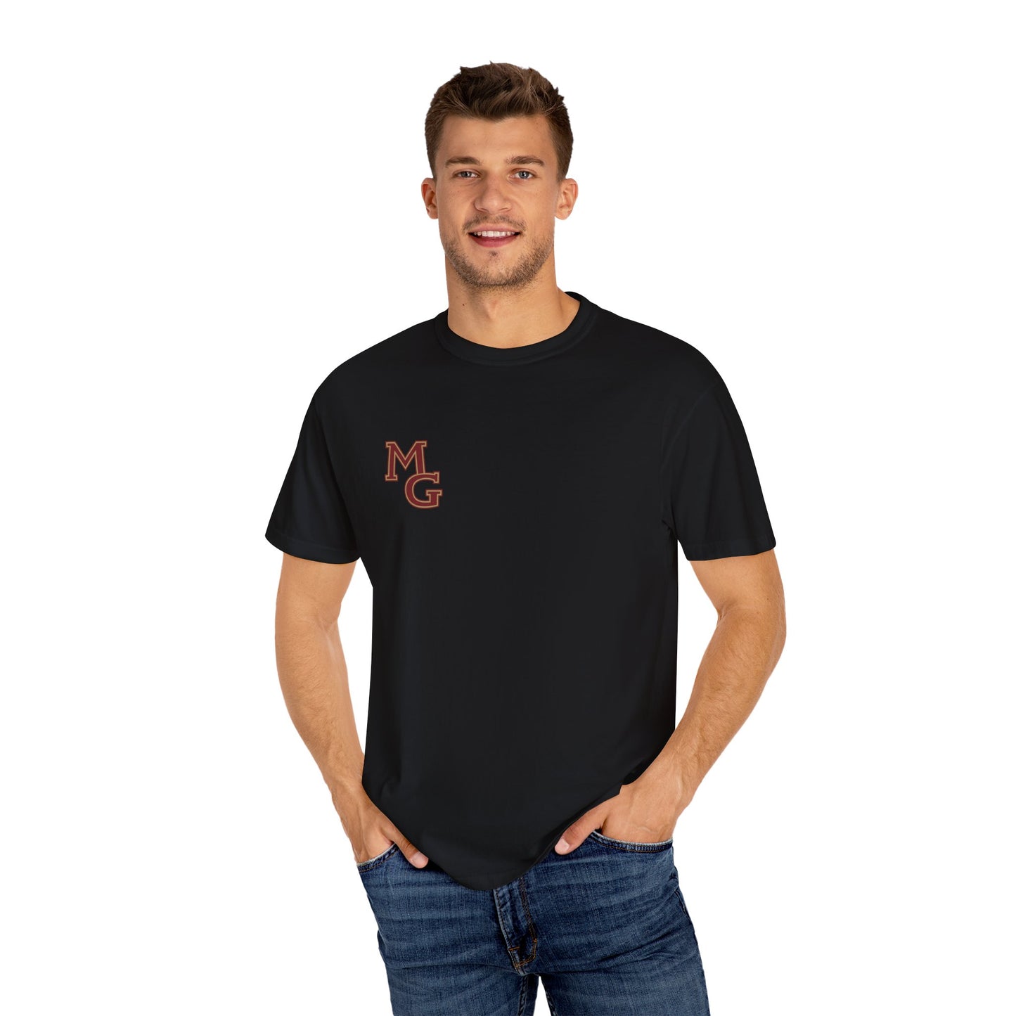 Maple Grove Crimson Chest Logo T‑Shirt — Minimal Monogram Graphic Tee