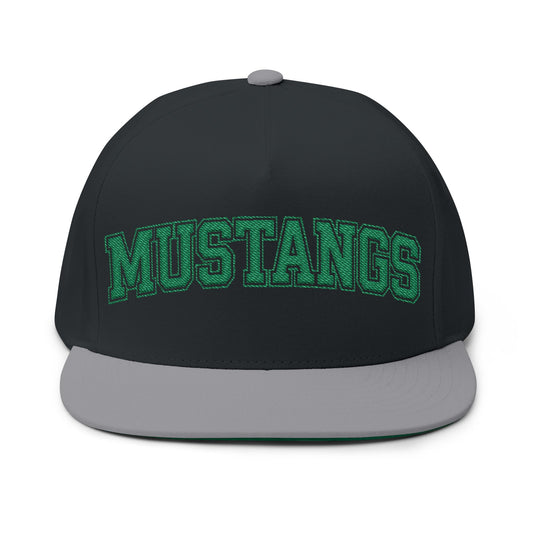 Mounds View Mustangs Embroidered Green Text Flat Bill Cap — School Spirit Snapback