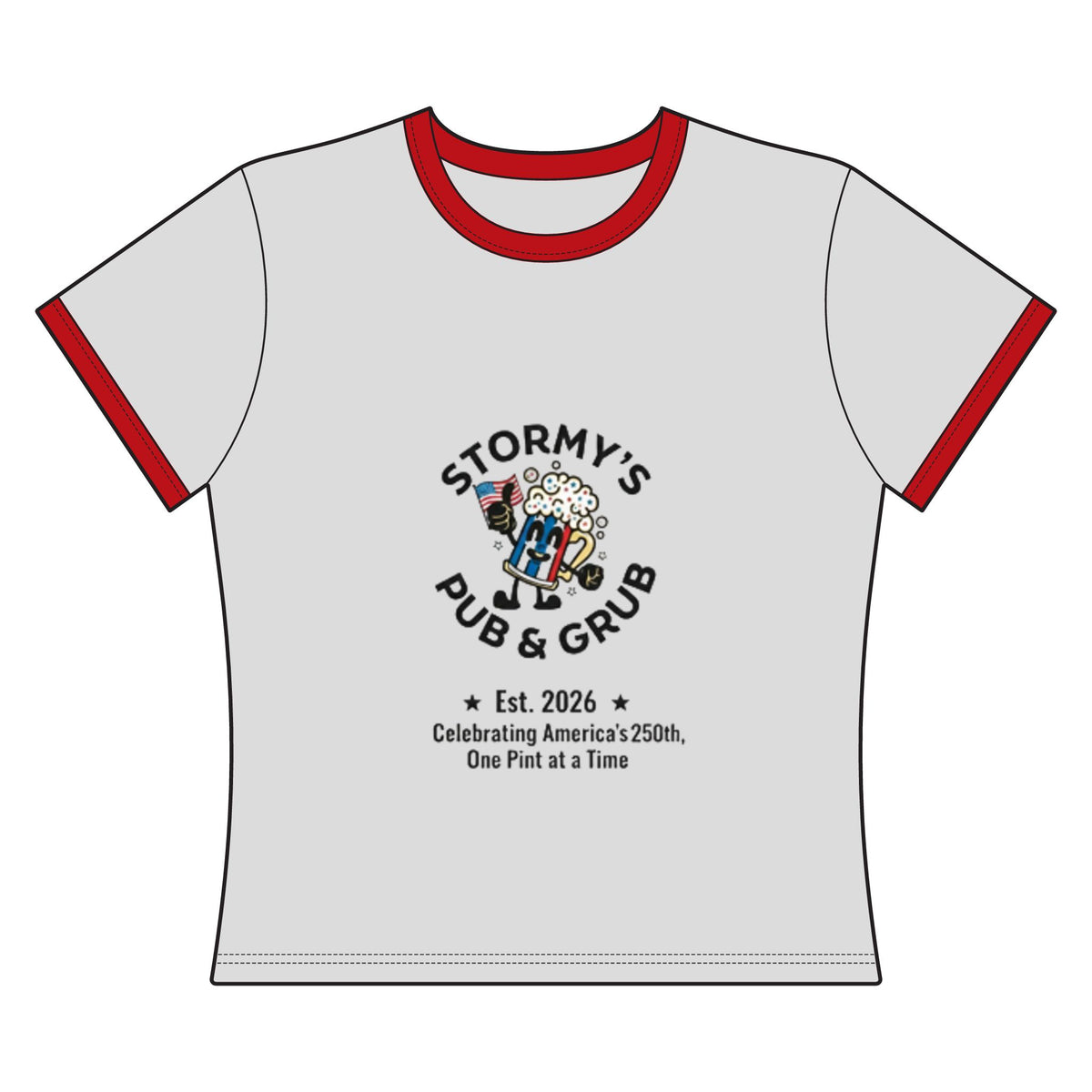 patriotic women's crop tee featuring Stormy's Pub & Grub logo and retro red trim design.