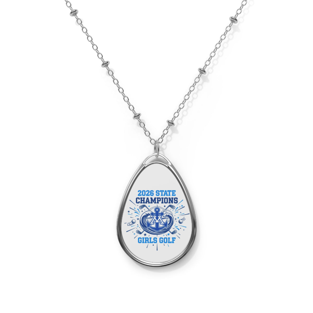 Minnetonka Skippers 2026 State Girls Golf Champions oval necklace with a vivid design.