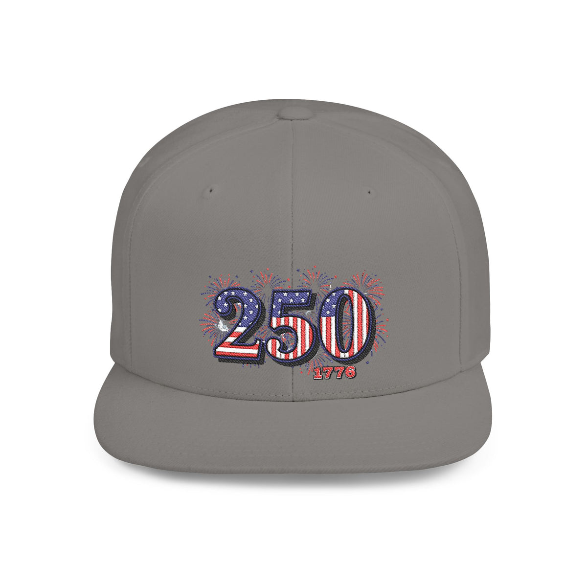 250th anniversary snapback hat featuring a vibrant fireworks design and patriotic colors.