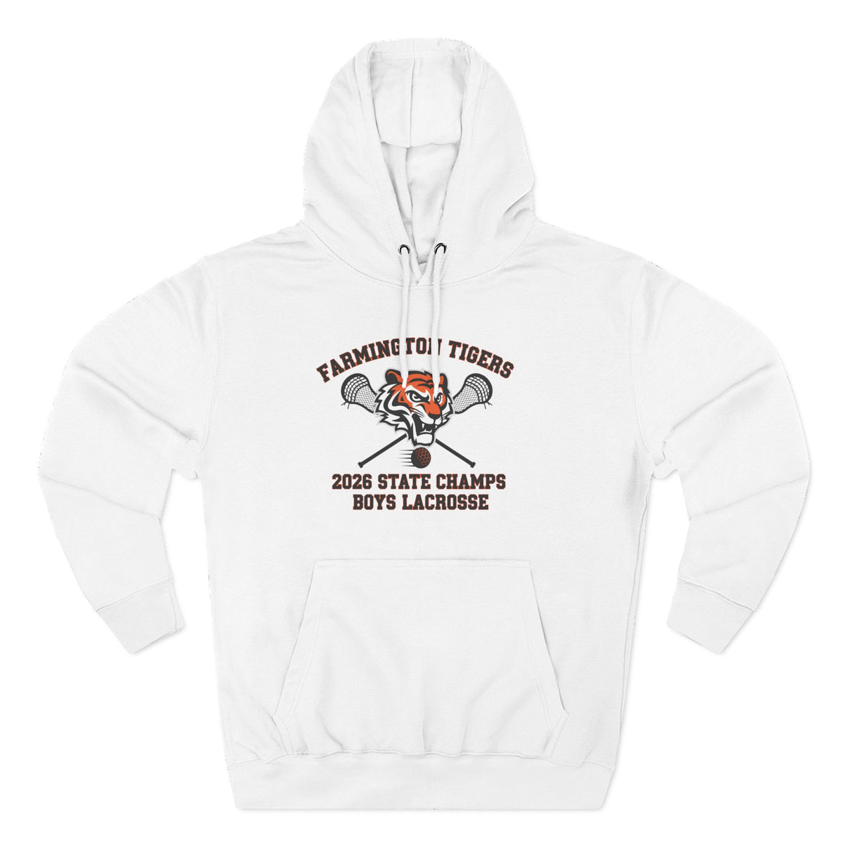 Farmington Tigers 2026 State Champs Boys Lacrosse Fleece Hoodie in white with championship graphic design.
