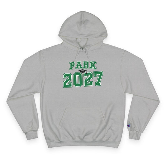 unisex class of 2027 hoodie in light steel with green PARK 2027 print and kangaroo pocket