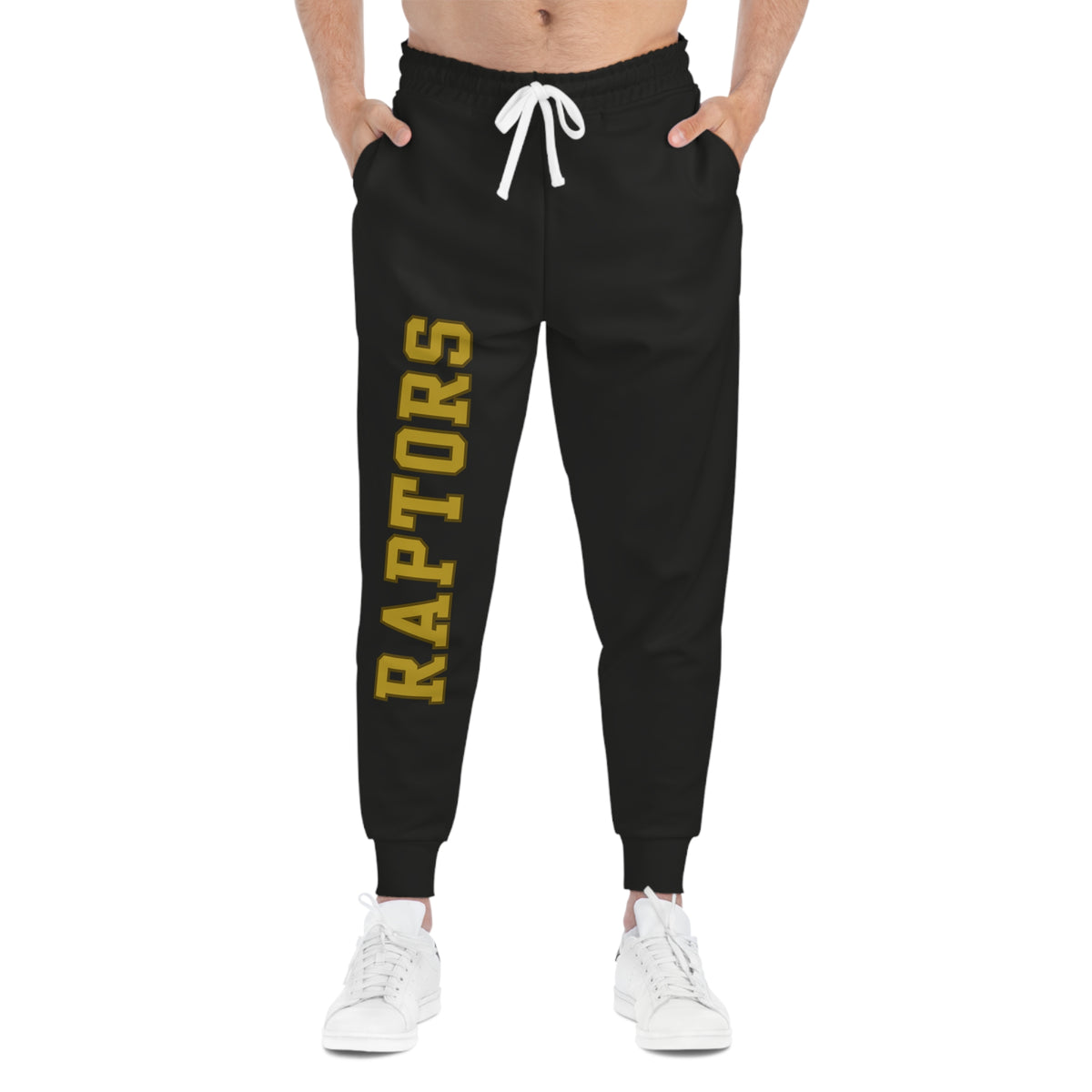 East Ridge Raptors Athletic Joggers — Black Team Sweatpants with Vertical Gold 'RAPTORS'