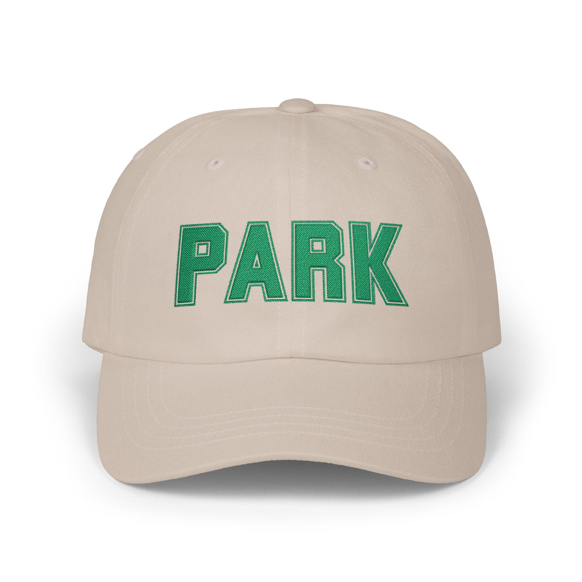 Park Embroidered Cap — Vintage Green Lettering Baseball Hat