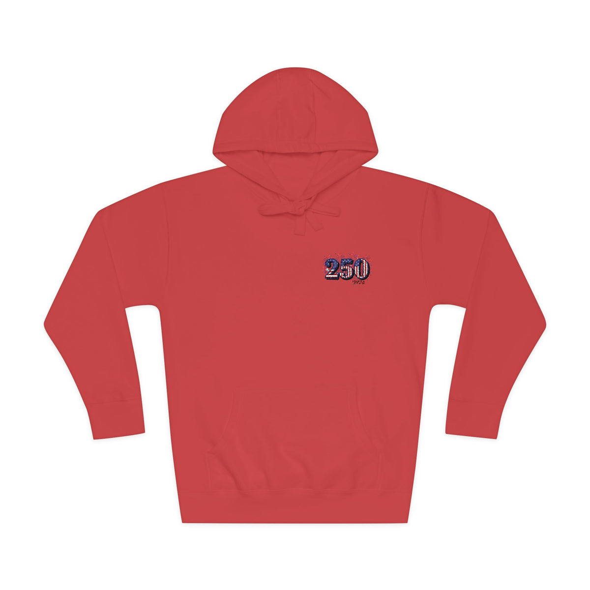 250th anniversary hoodie featuring a small right-chest logo in a vibrant red color.