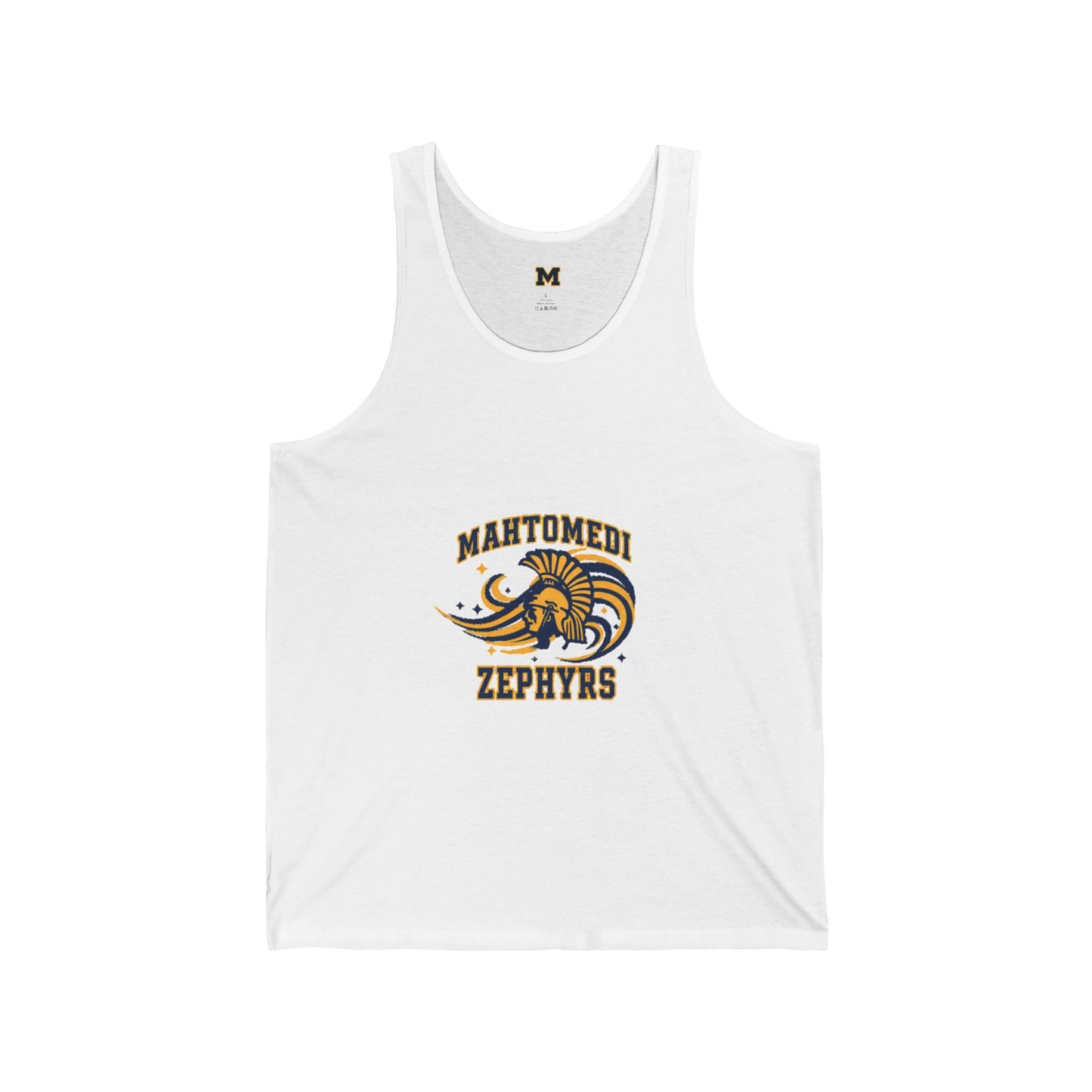 Mahtomedi Zephyrs tank top featuring vintage Trojan logo on a lightweight white athletic tank.