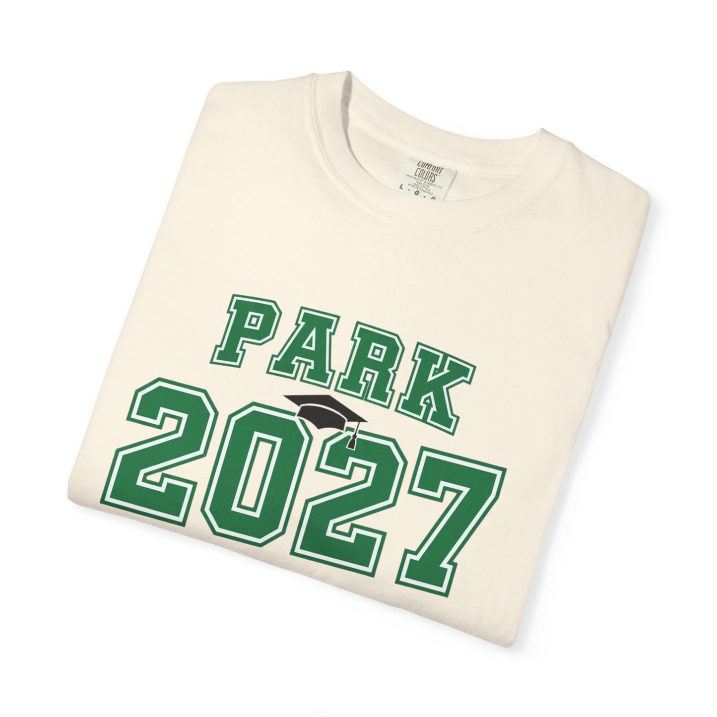 Vintage collegiate t-shirt featuring PARK 2027 design on a cream cotton shirt.