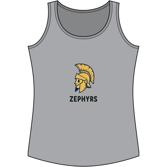 Mahtomedi Zephyrs Cotton Tank Top featuring a Trojan helmet logo in gold and black on a gray background.