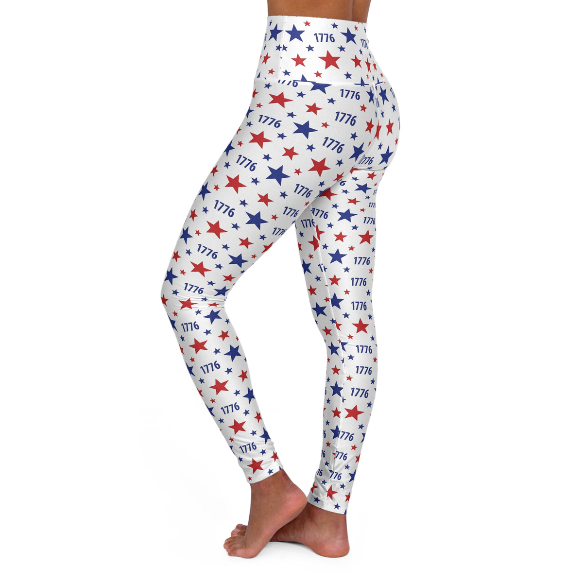 Patriotic yoga leggings featuring a bold 1776 star motif, perfect for exercising with comfort and style.