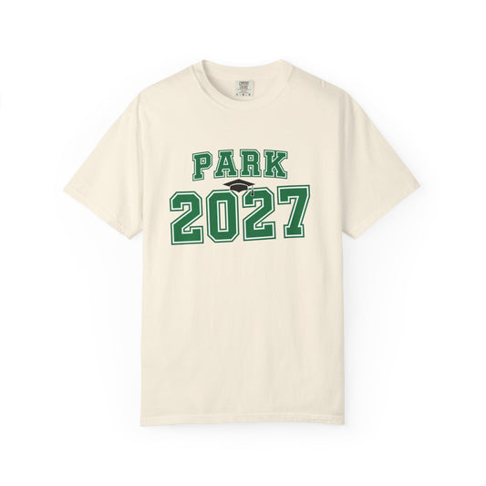 Vintage collegiate t-shirt in ivory featuring PARK 2027 graphic, perfect for casual summer gatherings.