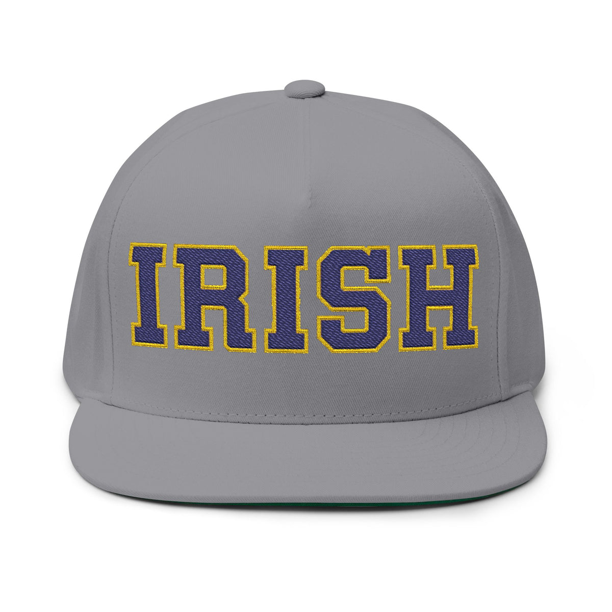 Rosemount Irish embroidered flat bill cap with bold "IRISH" lettering on a gray background.