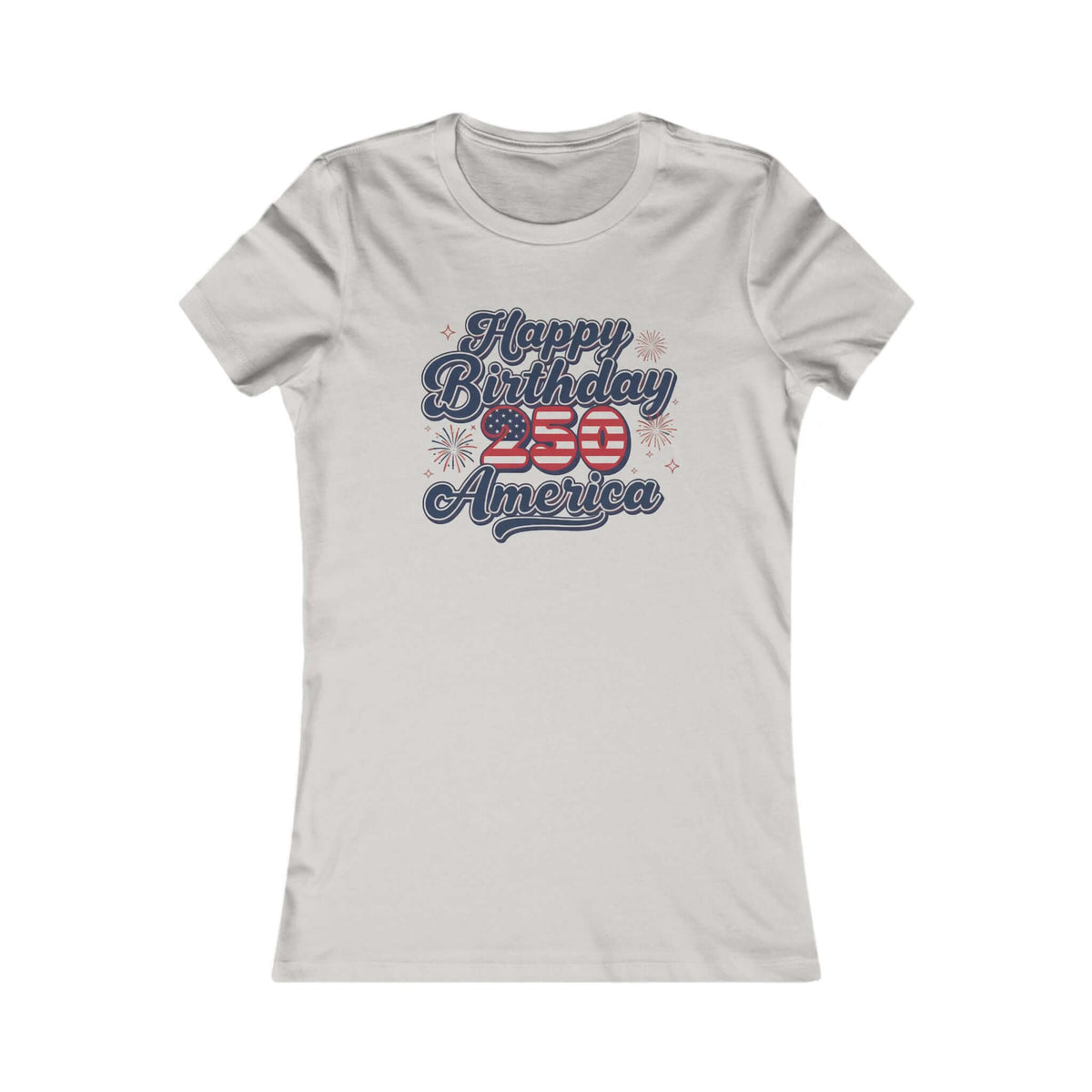 Patriotic Women's Tee featuring 'Happy Birthday 250th America' design with stars and stripes.