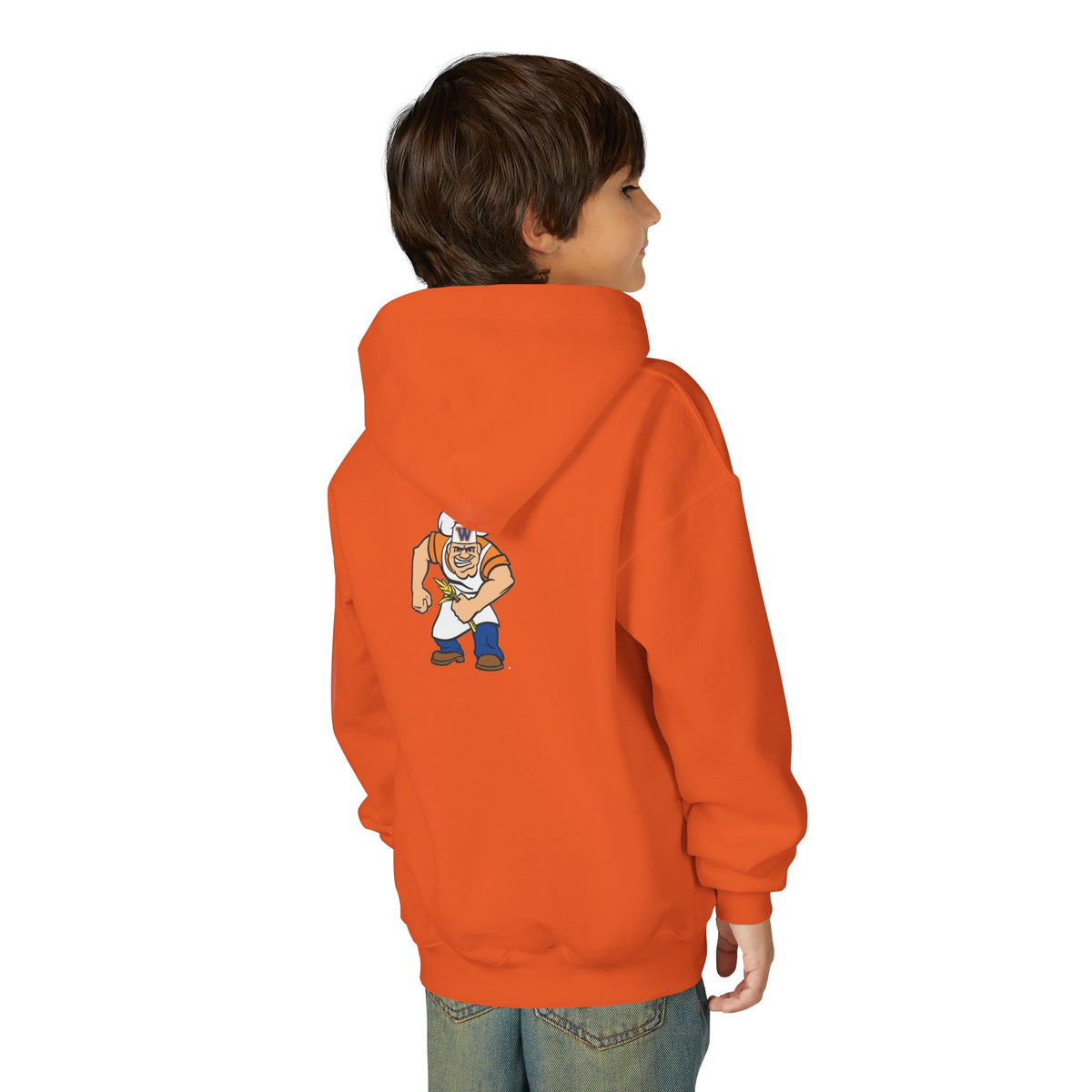 Youth Hoodie - Minneapolis Washburn Millers Orange & Blue 'W' School Logo with Mascot Back